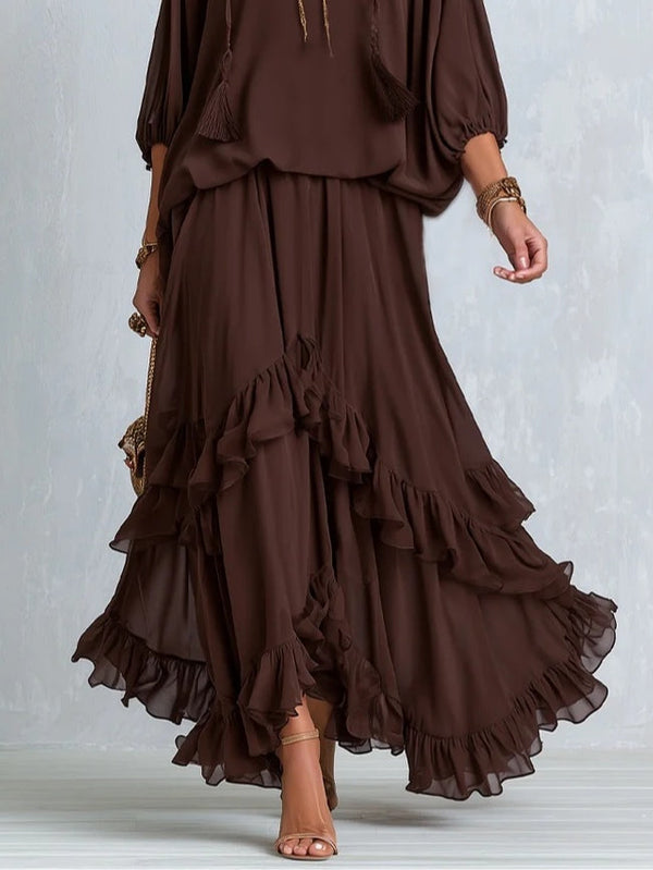 Brown Chiffon Ruffle Skirt Set