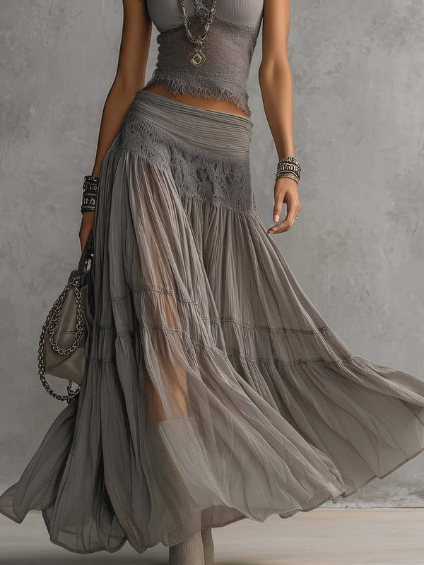 Lace Crop Top & Pleated Maxi Skirt Set