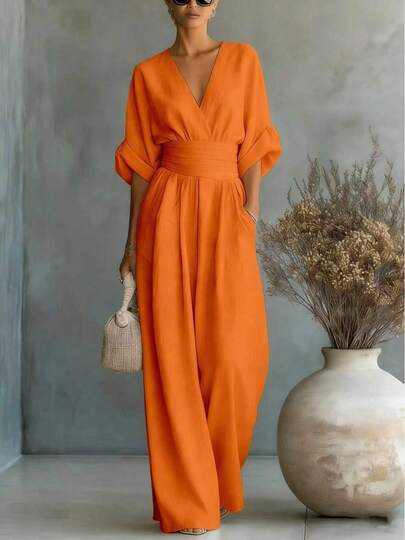 Printed Wide-Leg V-Neck Jumpsuit