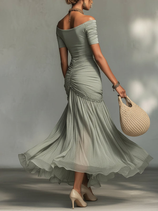 Grey Off-Shoulder Chiffon Maxi Dress