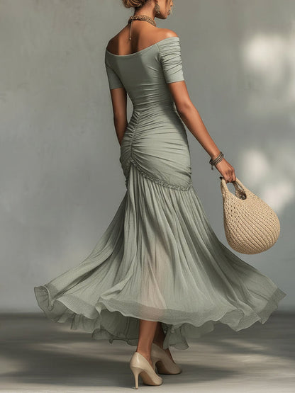 Grey Off-Shoulder Chiffon Maxi Dress
