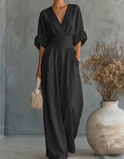 Printed Wide-Leg V-Neck Jumpsuit