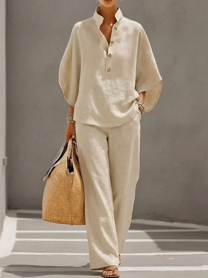 Linen-Texture Batwing Two-Piece Set