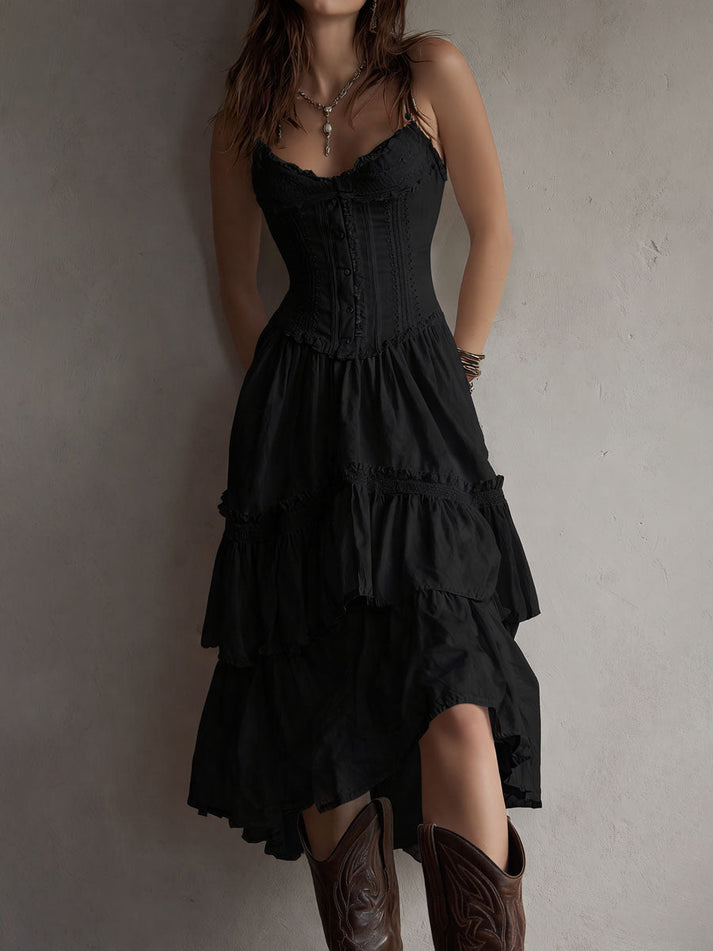 Boho Lace Corset Tiered Midi Dress