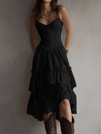 Boho Lace Corset Tiered Midi Dress