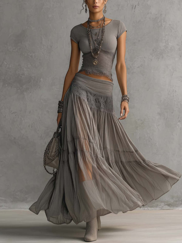 Lace Crop Top & Pleated Maxi Skirt Set