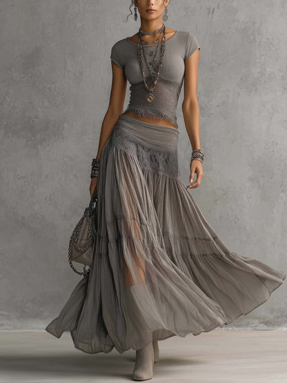 Lace Crop Top & Pleated Maxi Skirt Set