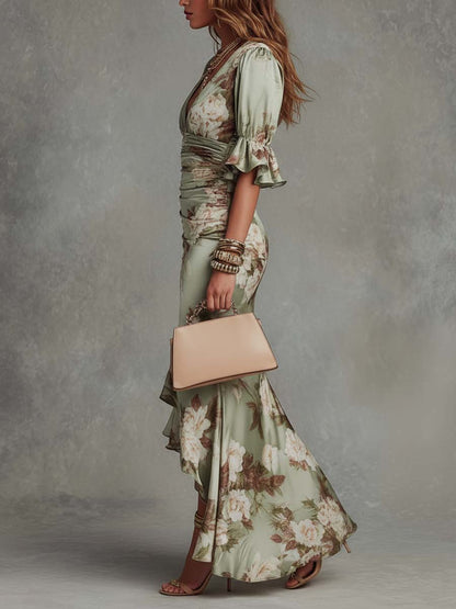 Floral Satin Asymmetrical Maxi Dress