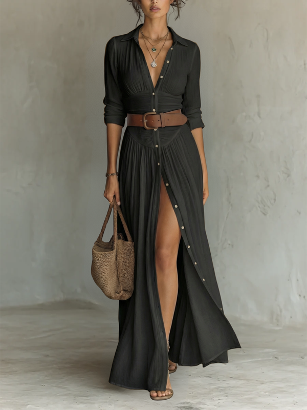 Cotton-Linen Pleated Maxi Dress