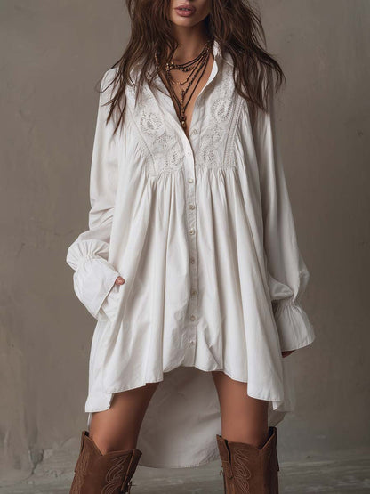 Boho Eyelet Lace Shirt Mini Dress