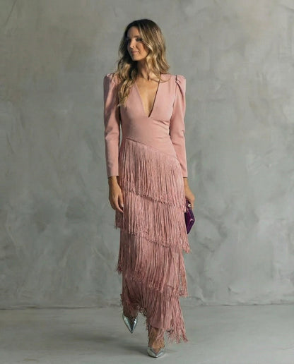 Elegant Fringe Sleeve Midi Dress