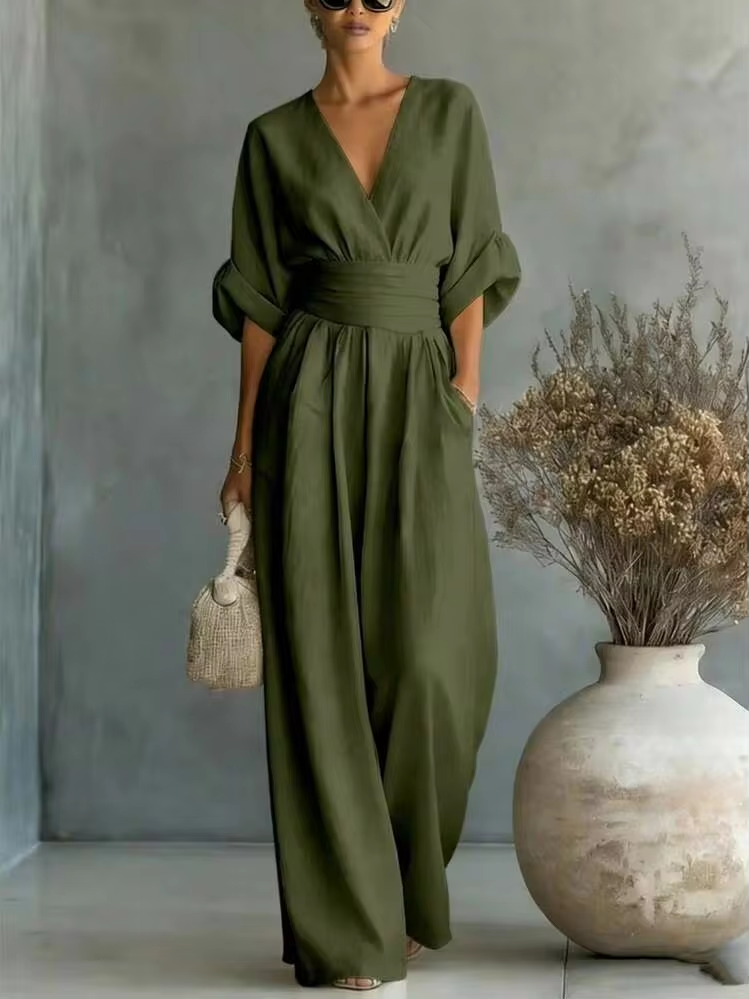 Printed Wide-Leg V-Neck Jumpsuit