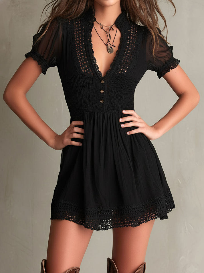Smocked Lace-Trim Mini Dress