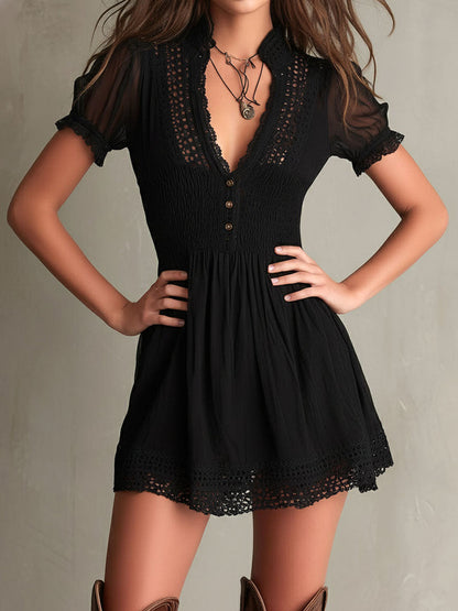 Smocked Lace-Trim Mini Dress