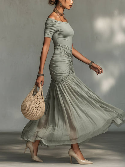 Grey Off-Shoulder Chiffon Maxi Dress