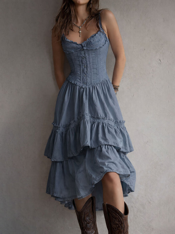 Boho Lace Corset Tiered Midi Dress