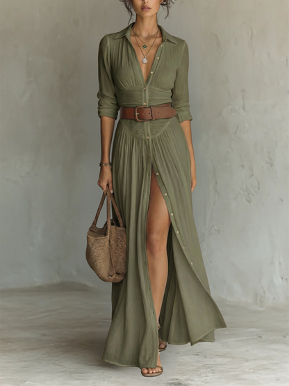 Cotton-Linen Pleated Maxi Dress
