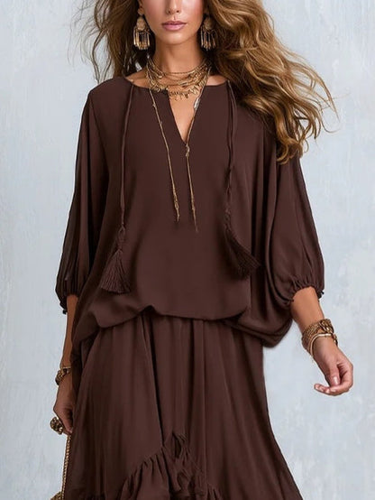 Brown Chiffon Ruffle Skirt Set