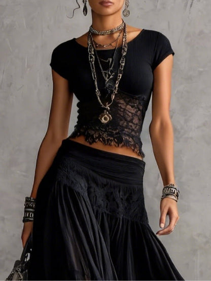 Lace Crop Top & Pleated Maxi Skirt Set