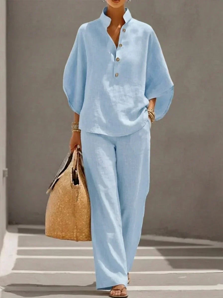 Linen-Texture Batwing Two-Piece Set