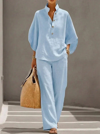 Linen-Texture Batwing Two-Piece Set