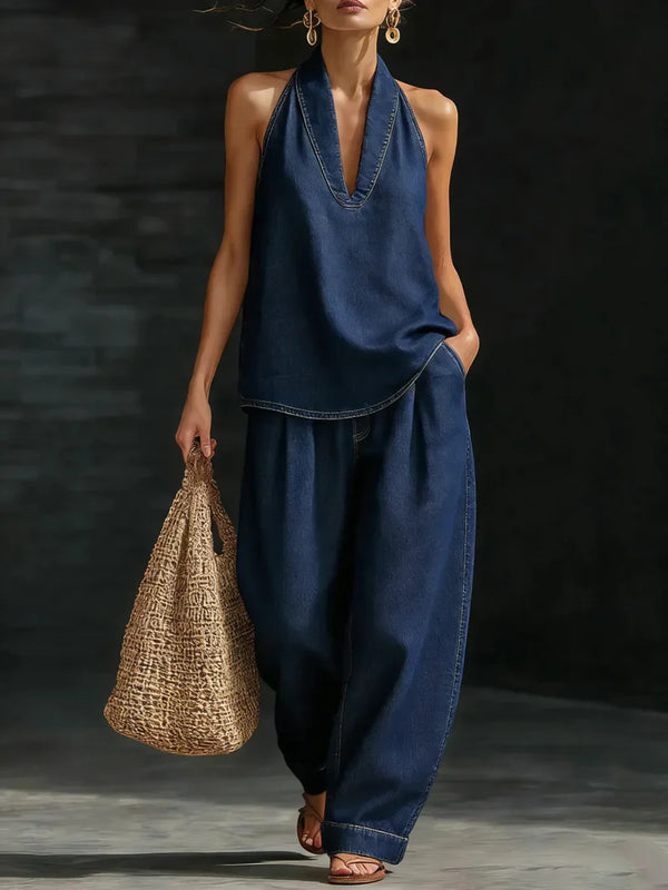 V-Neck Wide-Leg Two-Piece Set
