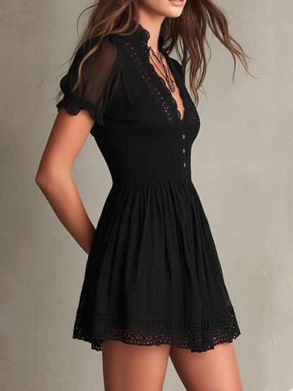 Smocked Lace-Trim Mini Dress