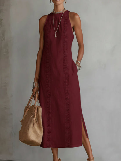 Embroidered Mandarin Collar Midi Dress