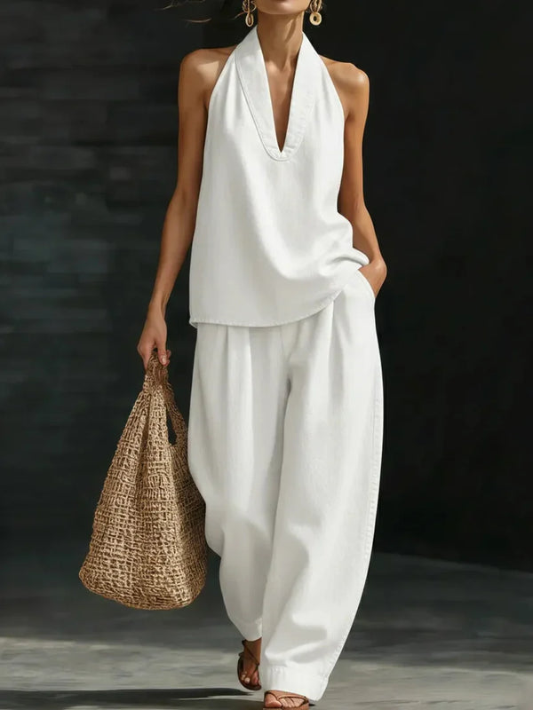 V-Neck Wide-Leg Two-Piece Set
