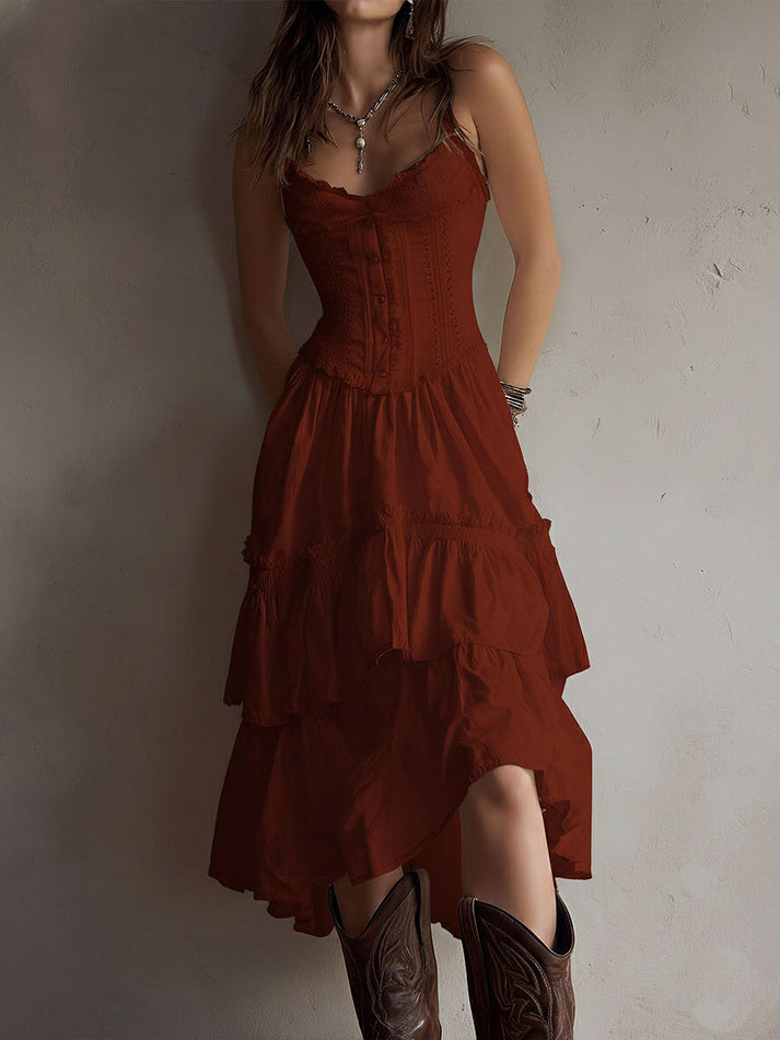 Boho Lace Corset Tiered Midi Dress