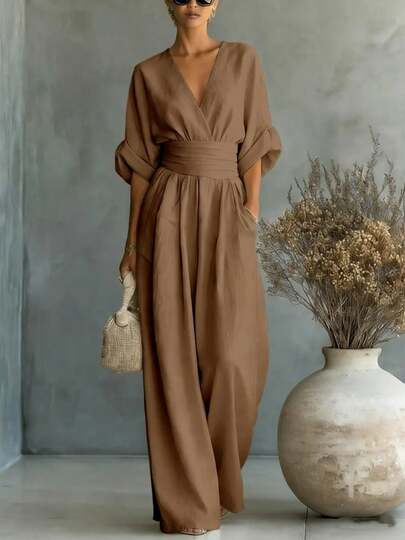 Printed Wide-Leg V-Neck Jumpsuit