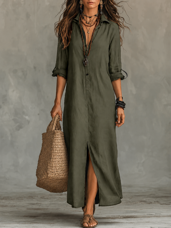 Boho Button-Front Maxi Shirt Dress
