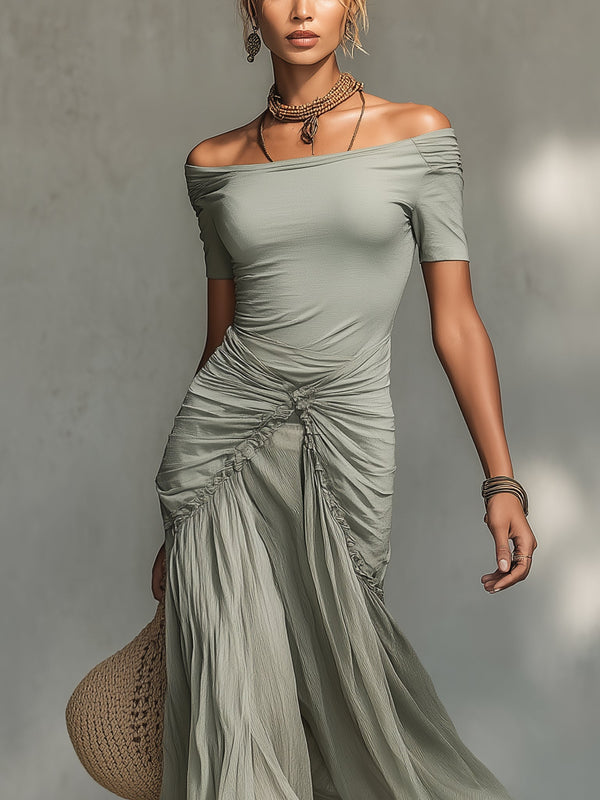Grey Off-Shoulder Chiffon Maxi Dress