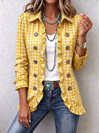 Gingham Ruffle Button-Down Jacket