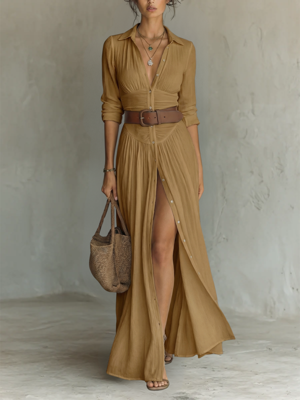 Cotton-Linen Pleated Maxi Dress