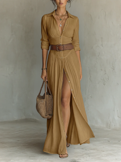 Cotton-Linen Pleated Maxi Dress