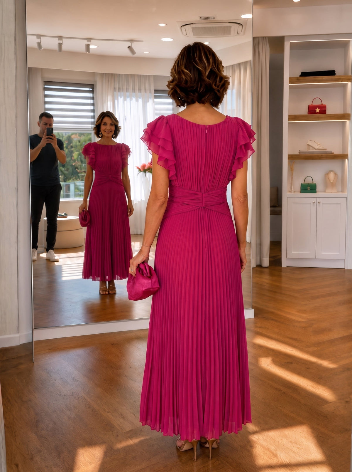 Pleated Flutter-Sleeve Maxi Dress
