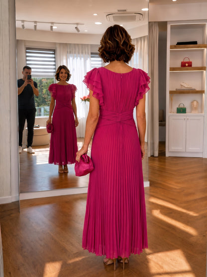 Pleated Flutter-Sleeve Maxi Dress