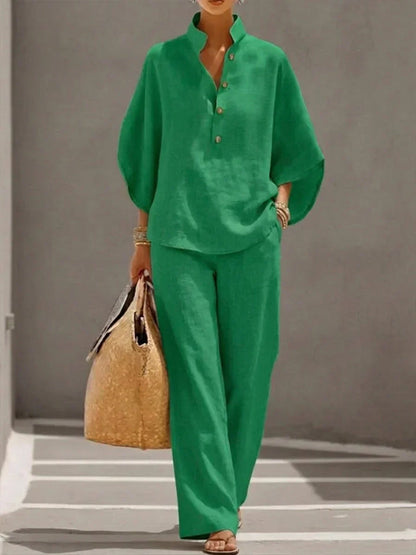 Linen-Texture Batwing Two-Piece Set