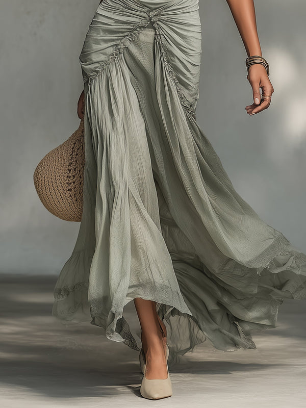 Grey Off-Shoulder Chiffon Maxi Dress