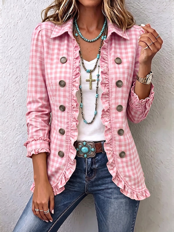 Gingham Ruffle Button-Down Jacket