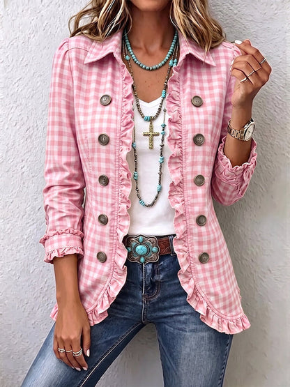 Gingham Ruffle Button-Down Jacket