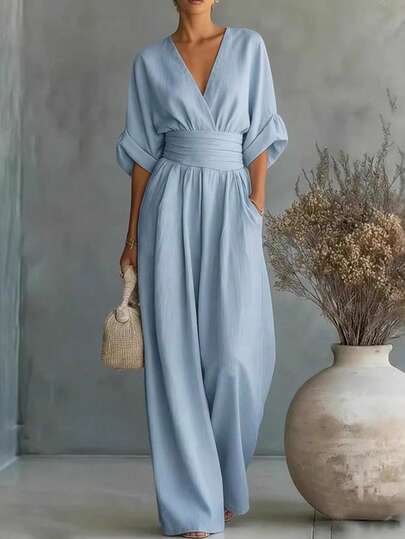 Printed Wide-Leg V-Neck Jumpsuit