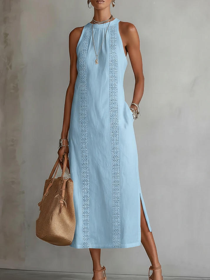 Embroidered Mandarin Collar Midi Dress