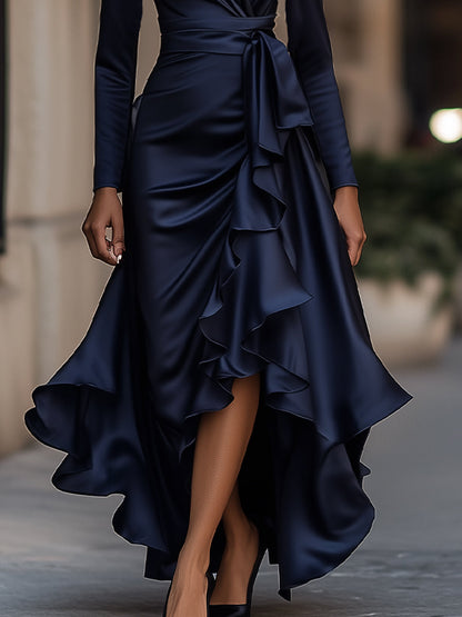 Elegant Satin Ruffle Maxi Dress