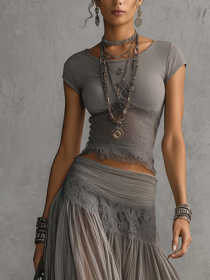 Lace Crop Top & Pleated Maxi Skirt Set
