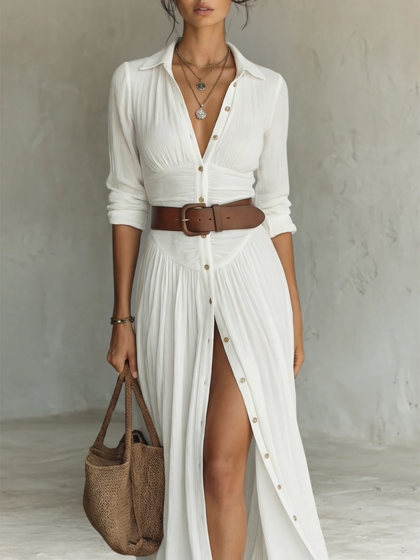 Cotton-Linen Pleated Maxi Dress