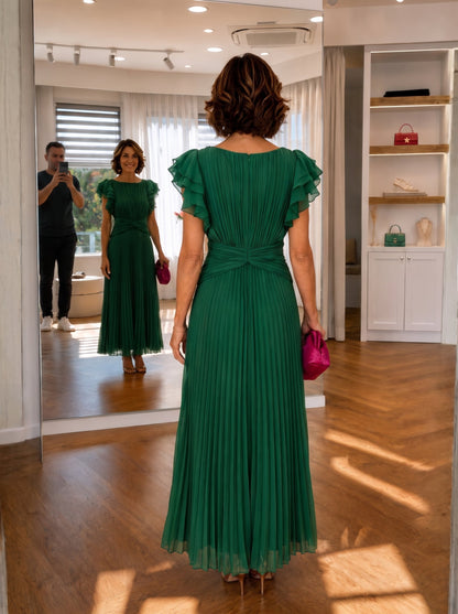 Pleated Flutter-Sleeve Maxi Dress