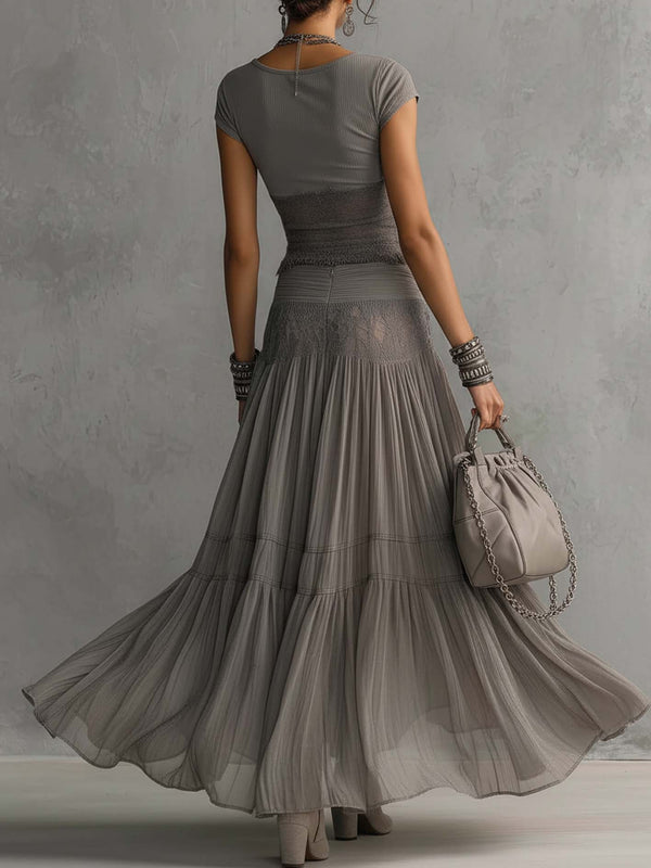 Lace Crop Top & Pleated Maxi Skirt Set