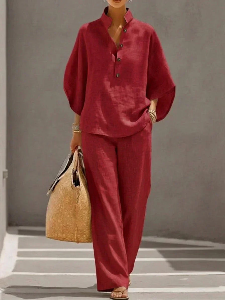 Linen-Texture Batwing Two-Piece Set
